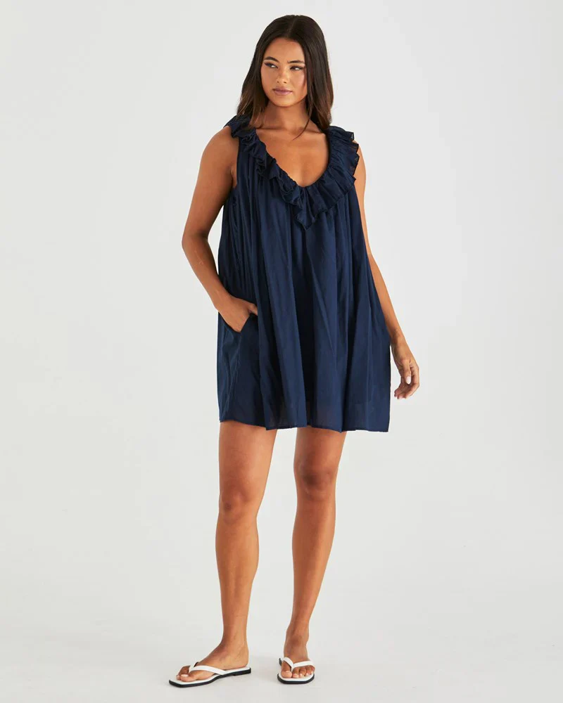 BELEN RUFFLED NECK MINI DRESS - Navy - Image 3