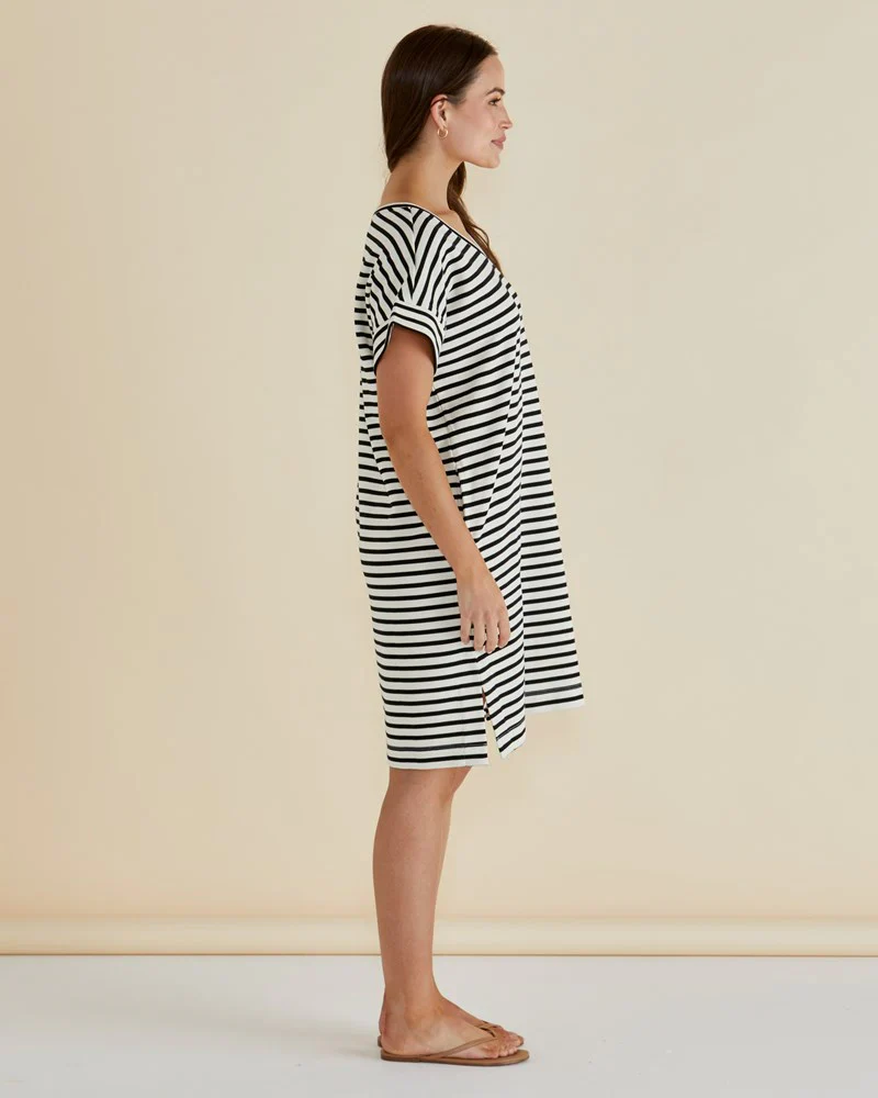 ELISE V-NECK RIB DRESS - White/Black Stripe - Image 3