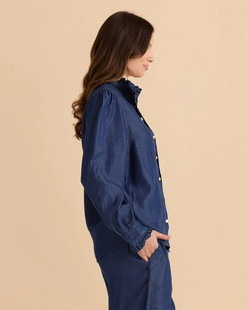 Lucille Lyocell Pleated Shirt - Dark Blue Wash - Image 3