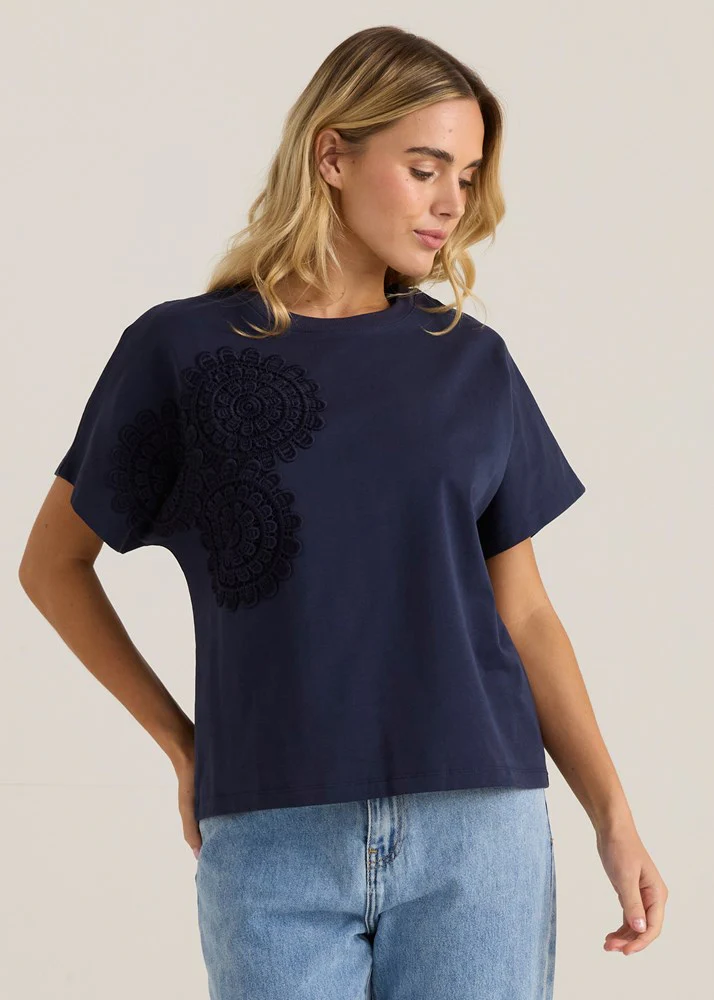 Mira Crochet Tee - Navy - Image 3