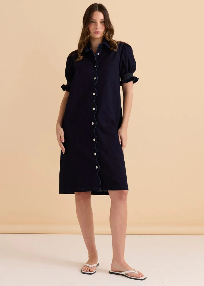 Scallop Denim Dress - Indigo Blue - Image 2